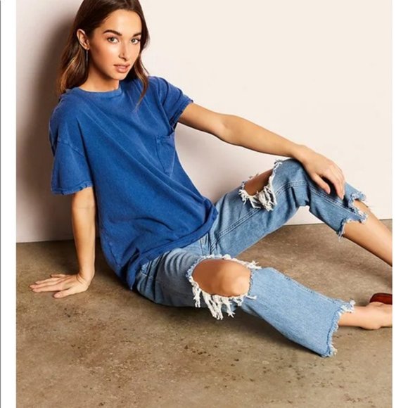 Free People Tops - Free People Rubi Ripped Cotton T-Shirt Blue